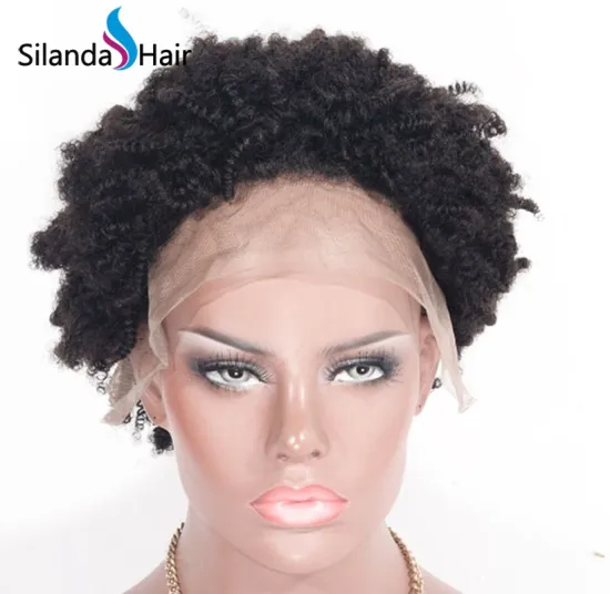 #1B Natural Color Afro Curly Short Remy 10" Human Hair Lace Frontal Wigs