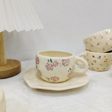 Retro Flower Hand-Painted Ceramic Coffee Mug and Saucer Set - Cherry Peach Afternoon Tea Cup Set