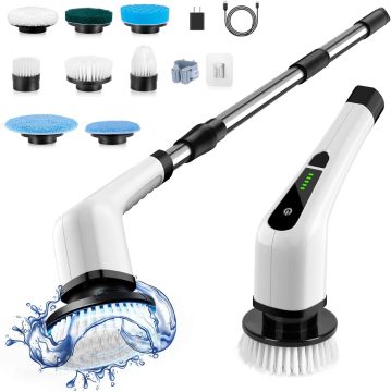 Adjustable Handle Electric Spin Scrubber with 7 Heads - Cordless Power Shower Scrubber for Bathroom, Tub, Tile