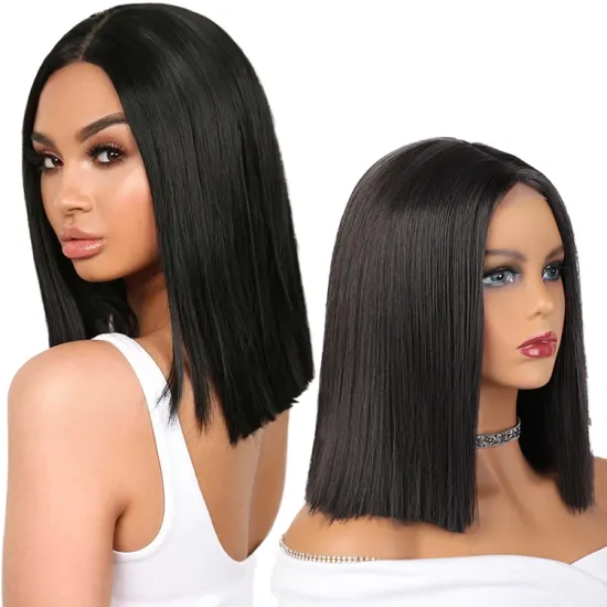 Lowest Price Fiber Short Straight Bob Heat Resistant Bob Cut Black Afro Vendors Lace Front Wig Synthetic