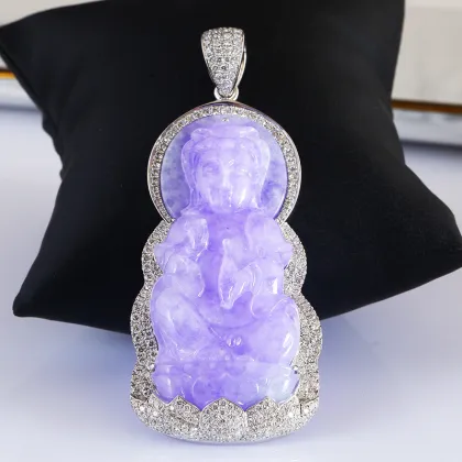 Natural A Grade Jadeite Blue Water Guanyin S925 Silver Luxury Pendant