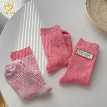 Korean Pink Mid Socks Handmade Label Sports Socks