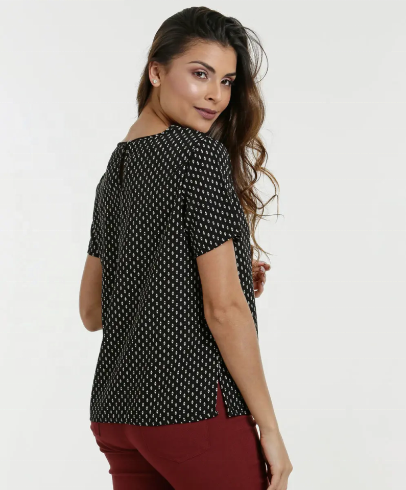 Camiseta de gasa con cuello redondo y estampado floral para mujer