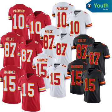 Youth Kansas City Football Jerseys for Kids - Patrick Mahomes #15, Travis Kelce #87, Pacheco #10 - Red Stitched Limited Jersey