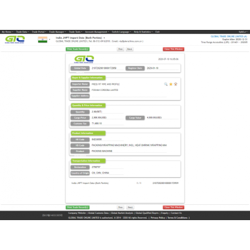 Máquina de embalagem - Dados alfandegários da Índia