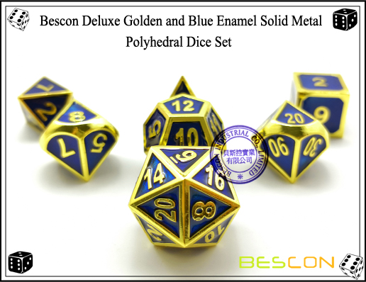 Bescon Deluxe Golden and Blue Enamel Solid Metal Polyhedral Role Playing RPG Game Dice Set (7 Die in Pack)-1