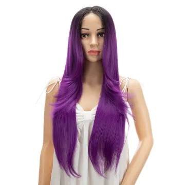 Purple Swiss T Lace Long Natural Hairline High Temperature Silky Straight Wave Lace Front Wigs Synthetic Hair Wigs For  Women