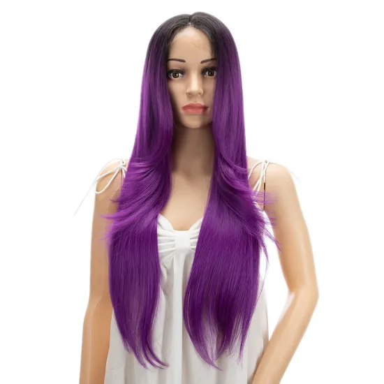 Purple Swiss T Lace Long Natural Hairline High Temperature Silky Straight Wave Lace Front Wigs Synthetic Hair Wigs For  Women