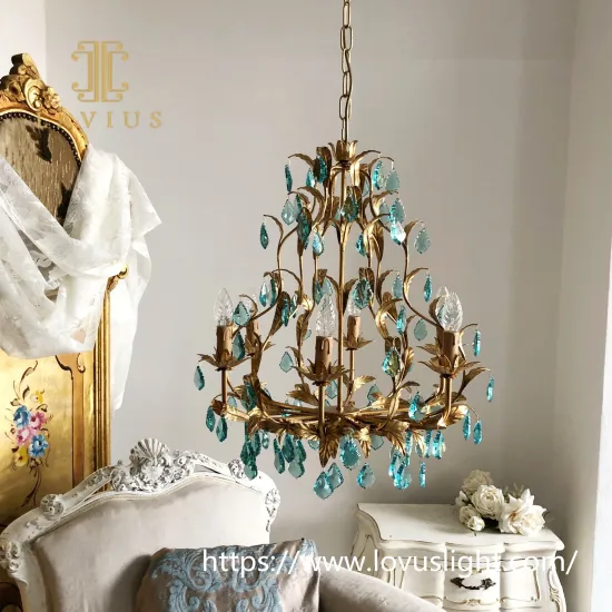 Gold brass leaf shape blue crystal pendant light Unique modern design light luxury crystal chandelier