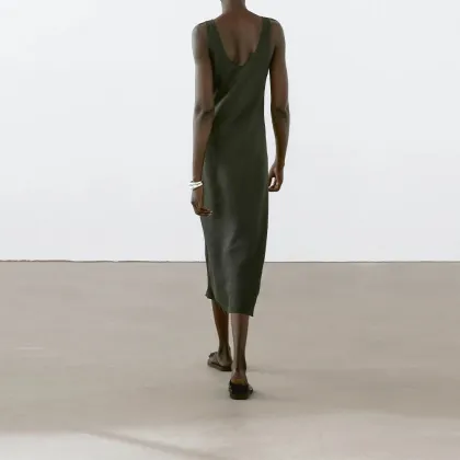 Women's French elegant minimalist style luxurious linen dress