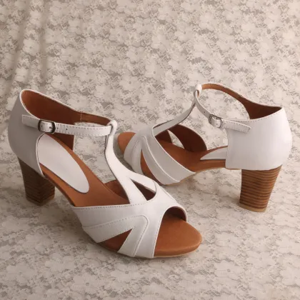 Handmade Leather Sandals White with Block Heel
