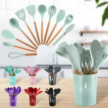 10-24Pcs Wooden Handle Kitchen Utensil Set with Silicone Tools and Holder Box