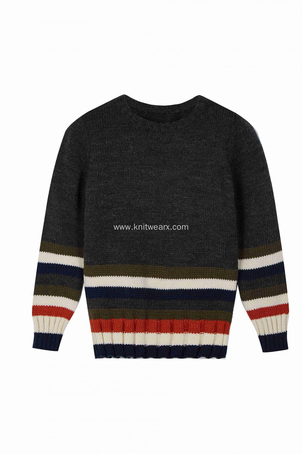 Boy's Knitted Stripe Bottom Crew Neck Pullover
