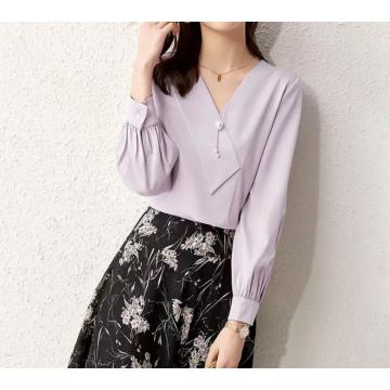 Women's blouses, irregular hem, cutting shirt collar with beading