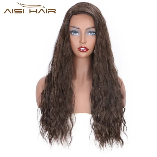 Aisi Hair Brown Color Lace Part Heat Resistant Synthetic Hair Wigs with Bangs Long Wavy Side Part Wigs for Black Women