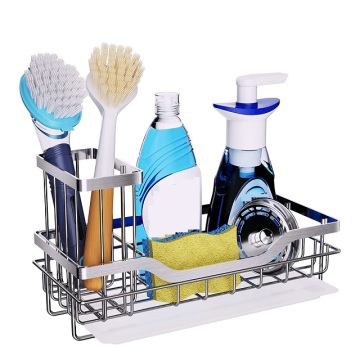 Rustproof 201 Stainless Steel Kitchen Sink Organizer with Drain Tray and Brush Holder: Silver Sponge Holder