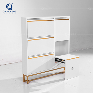 QIANCHENG European Style White Gold Metal Wall-Mounted 3-Layer Shoe Rack with Seat Stool