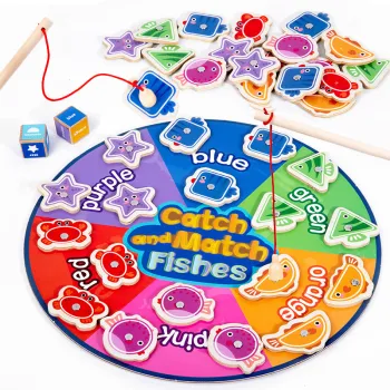 Foldable Mat Dices Catch Match Fish Toy: A Fine Motor Skill Wooden Magnetic Fishing Game