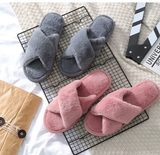 Custom Pink Cross Design Soft Faux Fur Indoor House Slippers for Women