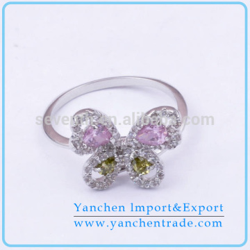 Butterfly Shaped Ring Design with Rhodium Plated Prong Setting Colorful CZ Diamond