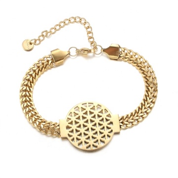 Yiwu Aceon Stainless Steel Double Layer Curb Chain Bracelet with Geometric Flower Connector, Gold