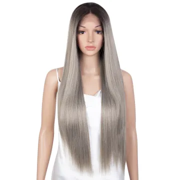28 inches Super Straight 360 LACE GRACE Wig Bright Silver grey middle part High temperature silk lace cap Synthetic hair Wigs