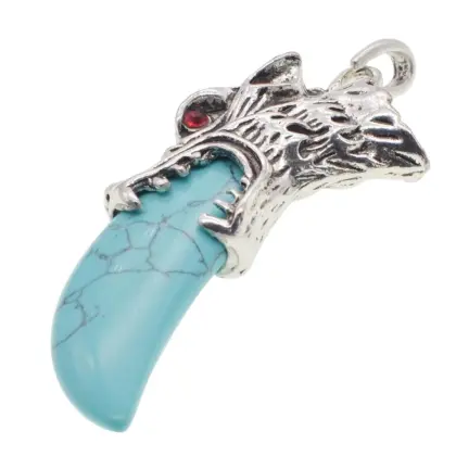 Handcrafted Silver Wolf Head Turquoise Tooth Pendant Necklace with 60CM Chain for Men - Priceless Stone Edition