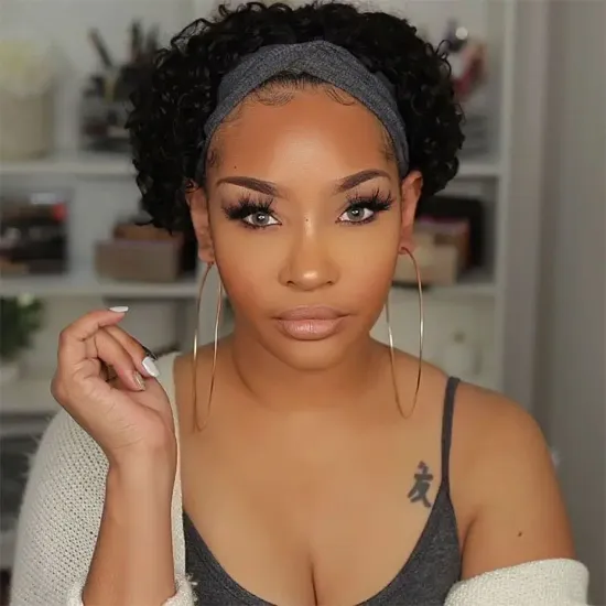Kinky Curly Headband Wigs Short Pixie Human Hair Wigs For Black Women Natural Color 180% Density  Remy Hair Pixie Headband Wig