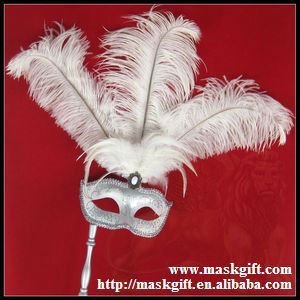 A009S Wholesale white and silver wedding Party mask on stick