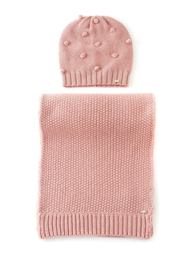 Knit small pompom hat and scarf set