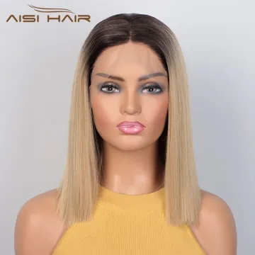 Aisi Hair Wholesale Short Ombre Blonde Dark Root Bob Wig Swiss Lace Wig Cheap Synthetic Lace Front Wigs For Black White Women