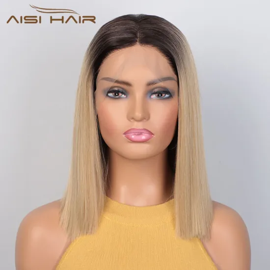 Aisi Hair Wholesale Short Ombre Blonde Dark Root Bob Wig Swiss Lace Wig Cheap Synthetic Lace Front Wigs For Black White Women