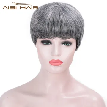 Aisi Hair Straight Bob Wigs Synthetic Hair Short Party Hair Cosplay Wig for Women Grey Mixed Black Short Bob Wigs