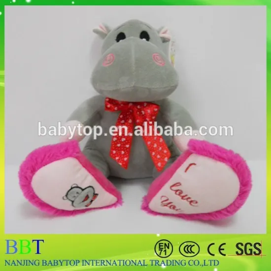 Valentine's Day singing hippo plush toy with red heart, soft plush hippo toy