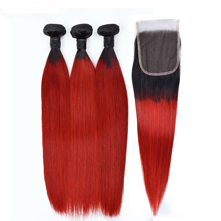 Best Quality Ombre Peruvian Hair Virgin Hair Extension Silky Straight Two Tone 1B/Red Bundles With Closure