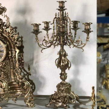 Vintage Brass Table Clock and Candlestick in Luxury Living Room Entryway