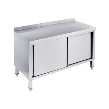 Commercial Kitchen Stainless Steel Bench Cabinet With Sliding Doors and Splashback