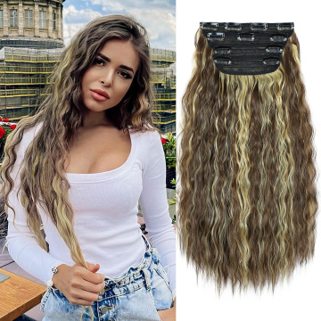 ALILEADER VENTE HOT VENTE Long Soft Police Pointe à cheveux Soft Fluffy 4pcs / Set Clips Wigs 11 Clips Clip d&#39;extension de cheveux synthétique