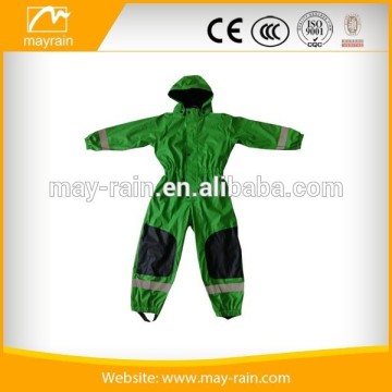 All weather kids green pu hooded rain suits