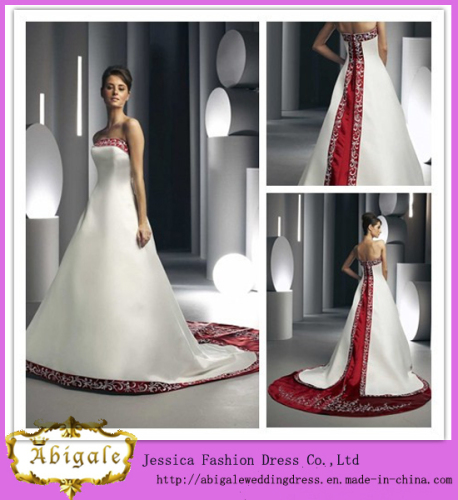 2014 New Designer Elegant A Line Strapless Unique Back Chapel Train Embroidery Satin Bridal White and Red Dress