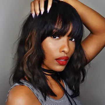 Short Wavy Bob Wig with Bangs Shoulder Length Curly Wig for Black Women Synthetic Wig Natural Black Dark Brown Mix Color wigs