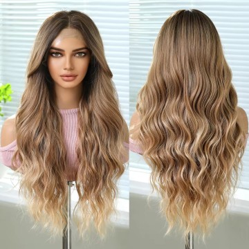 Gradient Light Brown Mixed Blonde 13x6 Synthetic Lace Front Wigs Body Wave HD Lace Heat Resistant
