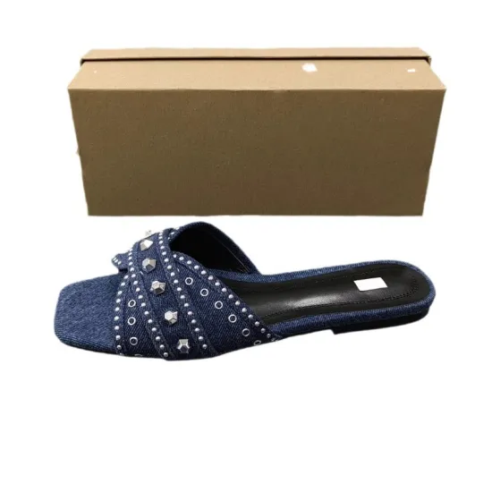Designer Women's Large Size 42 Summer Slippers: Sparkling Rivet Decorated Denim Slides with Square and Open Toe
