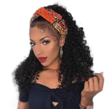 Factory direct sale  black short kinky Curly Adjustable headband Non Lace wig Synthetic hair Wig with headband For Black Women