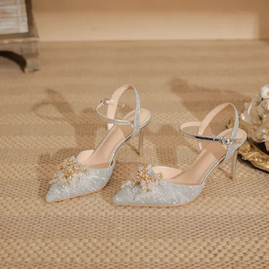 Glitter Silver High-Quality Handmade Wedding Shoes for Women: Summer Pointed Thin Heels and Bridesmaid Sandals