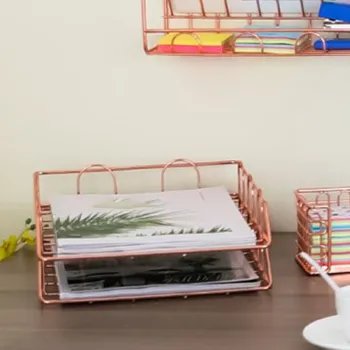 1 Set Of 2 Office Supplies Metal Stackable File Document Letter Tray Organizer, Rose Gold