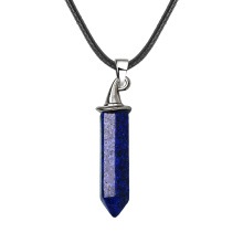 Lapis Lazuli Hexagonal Prism GunBlack Wizard Cap Pendant Necklace 45cm Black Cord