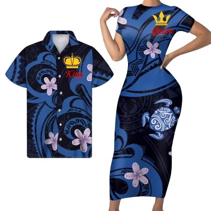Valentine's Day Couple Outfit Sets: Polynesian Pattern Dresses & Shirts