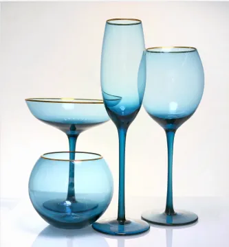 blue wine glass set with gold rim