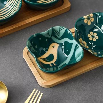 Japanese Style Mini Ceramic Appetizer Set with Wooden Tray - Porcelain Snack Plates for Home Use